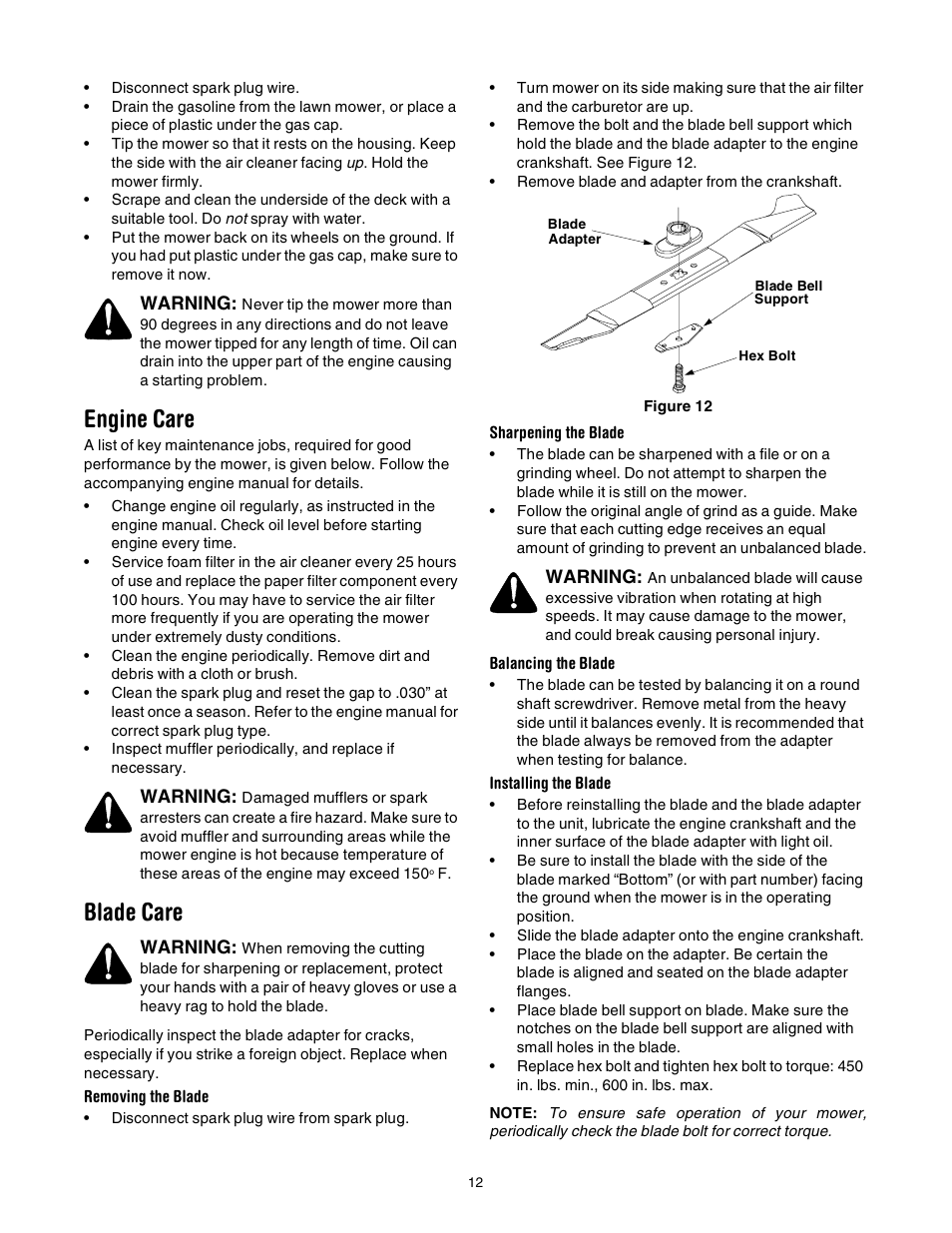 Engine care, Blade care | Bolens 84 User Manual | Page 12 / 16