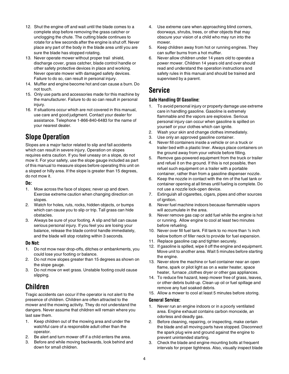 Slope operation, Children, Service | Bolens 84 User Manual | Page 4 / 16