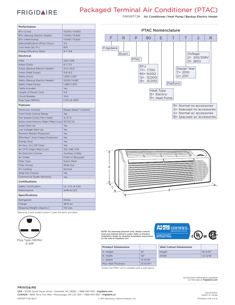Rac p-tac models frigidaire baseline, Packaged terminal air conditioner (ptac), Fr p 90 e t t 2 r | Ptac nomenclature | FRIGIDAIRE FRP15PTT2R User Manual | Page 2 / 5