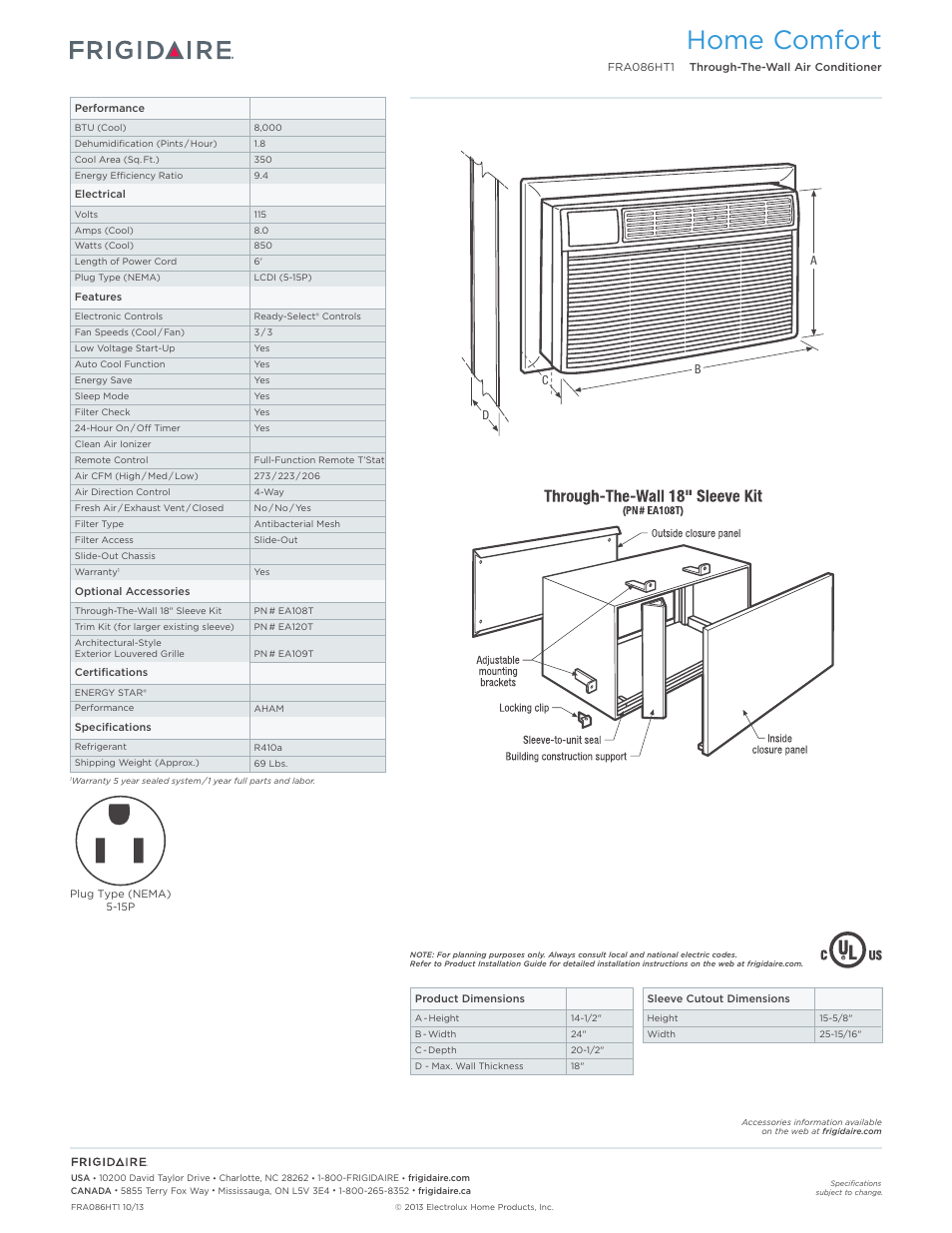 Rac through-the-wall models frigidaire baseline, Home comfort | FRIGIDAIRE FRA086HT1 User Manual | Page 2 / 3