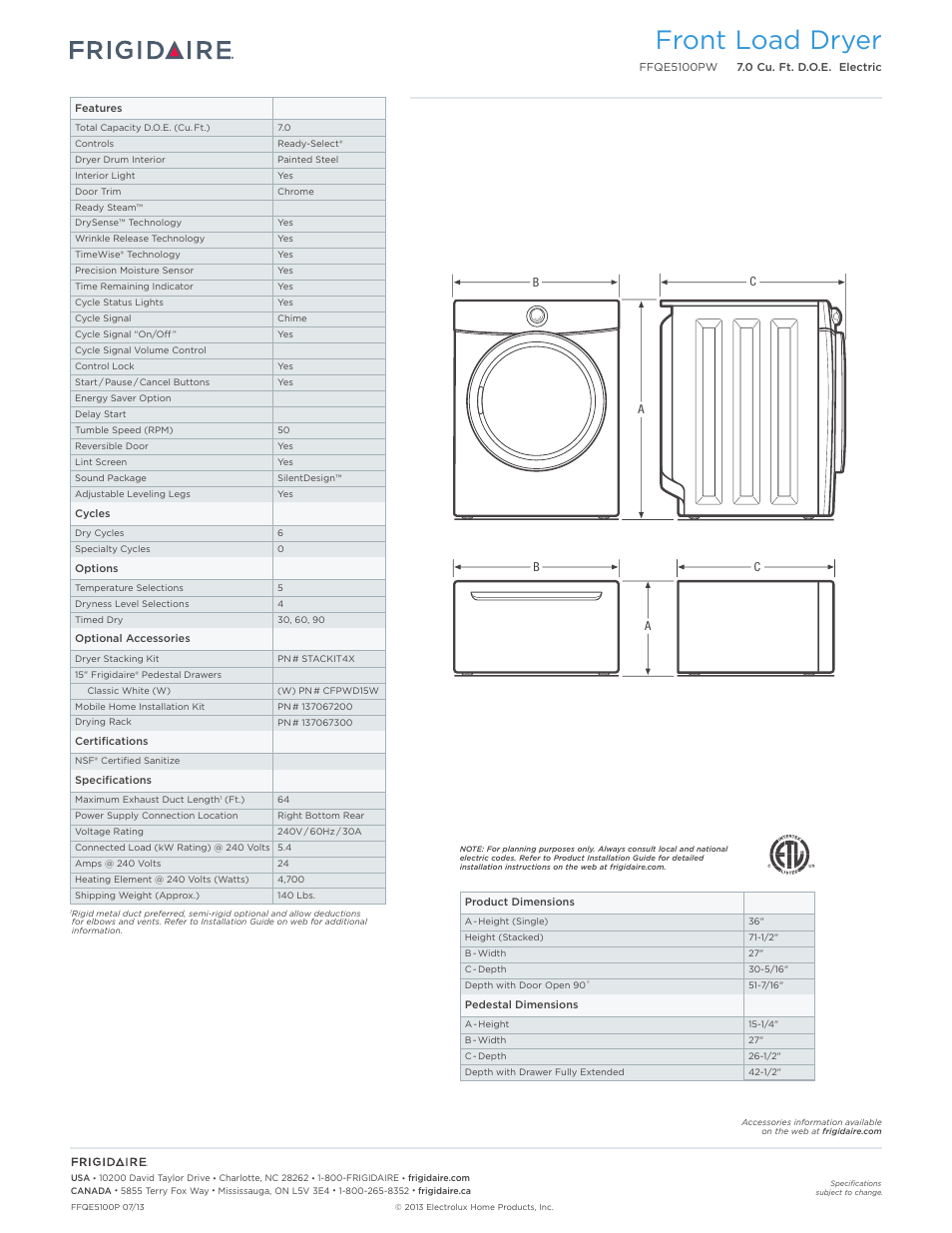 Front load dryer | FRIGIDAIRE FFQE5100PW User Manual | Page 2 / 3