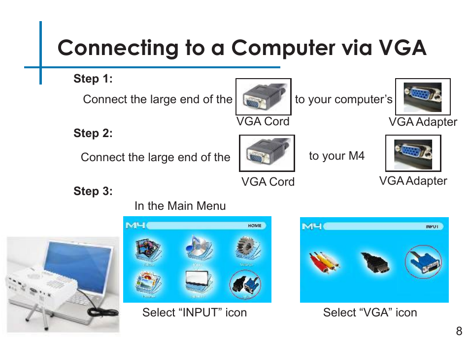 Connecting to a computer via vga | AAXA Technologies M4 User Manual | Page 10 / 46