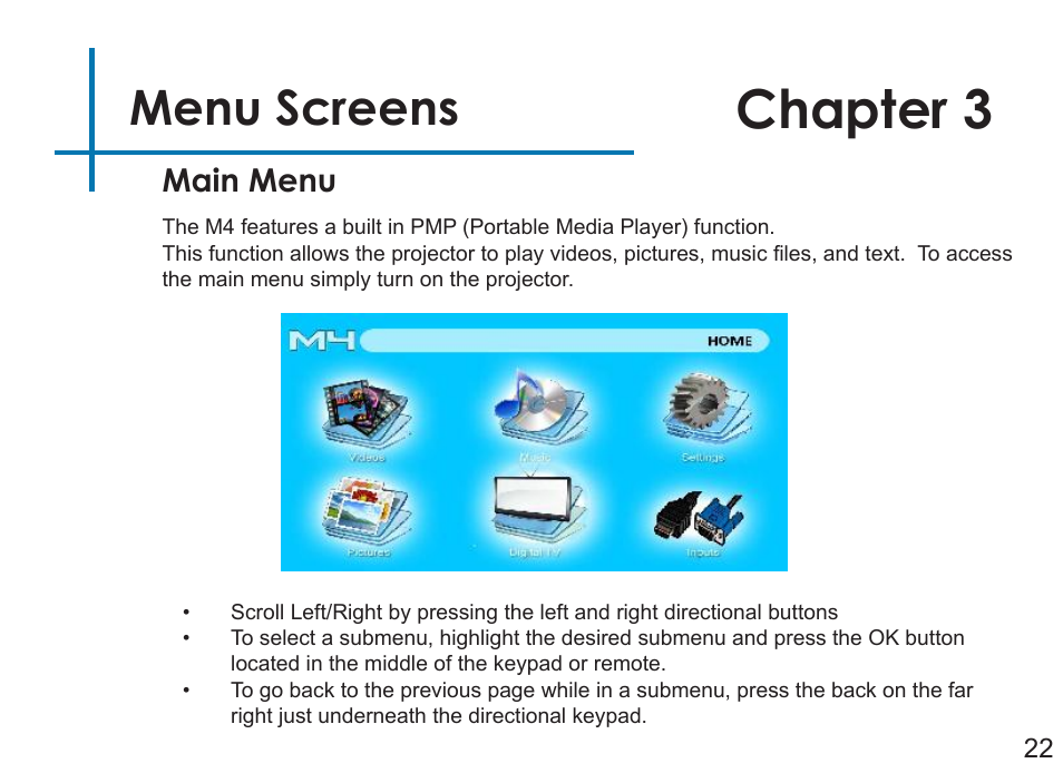 Chapter 3, Menu screens, Main menu | AAXA Technologies M4 User Manual | Page 24 / 46