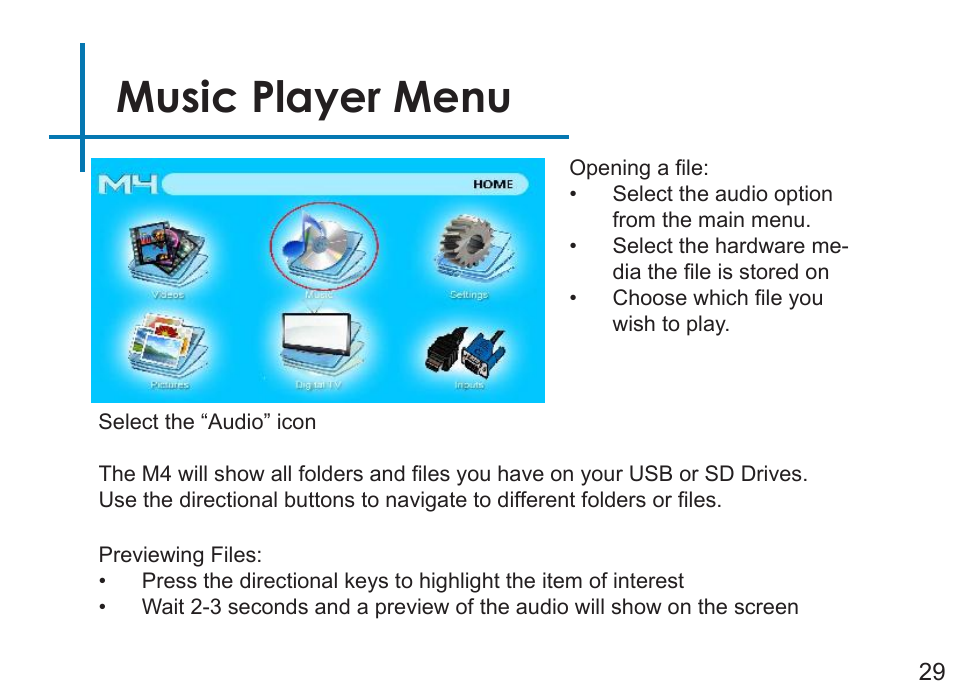 Music player menu | AAXA Technologies M4 User Manual | Page 31 / 46