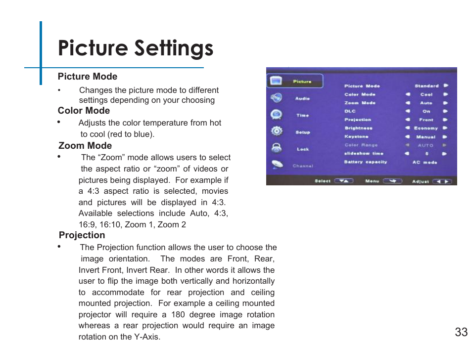 Picture settings | AAXA Technologies M4 User Manual | Page 35 / 46
