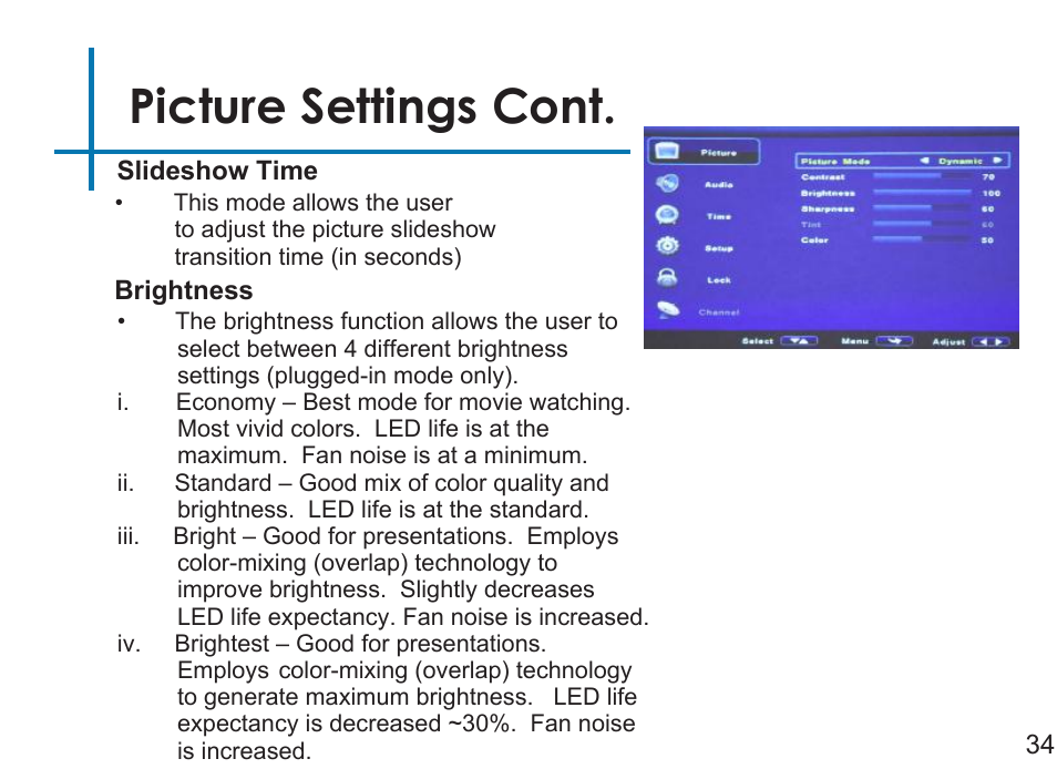 Picture settings cont | AAXA Technologies M4 User Manual | Page 36 / 46
