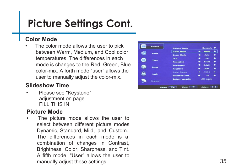 Picture settings cont | AAXA Technologies M4 User Manual | Page 37 / 46