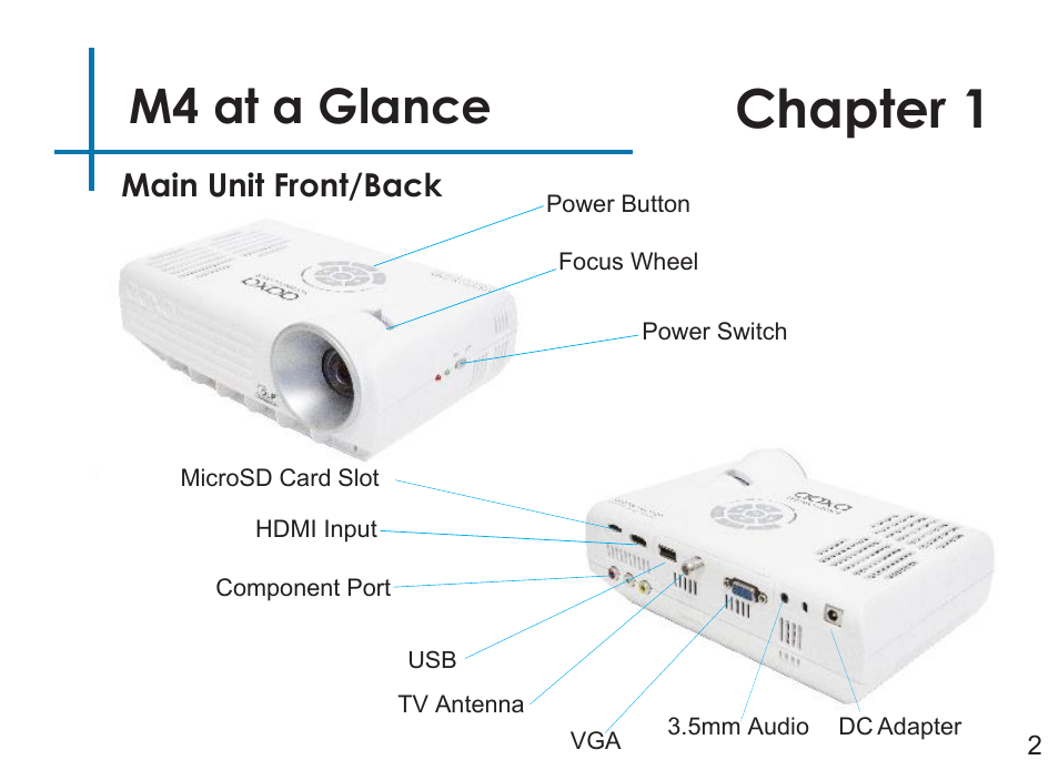 Chapter 1, M4 at a glance, Main unit front/back | AAXA Technologies M4 User Manual | Page 4 / 46