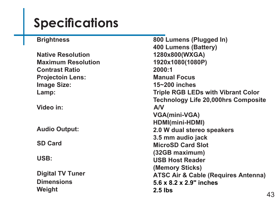Specifications | AAXA Technologies M4 User Manual | Page 45 / 46