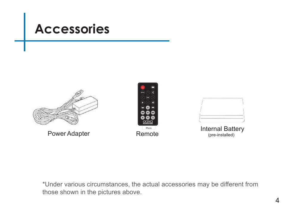 Accessories, Internal battery, Remote power adapter | Pre-installed) | AAXA Technologies M4 User Manual | Page 6 / 46