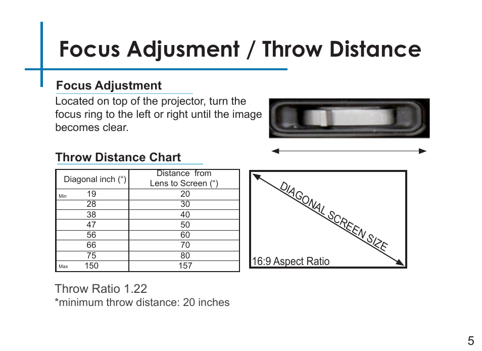 Focus adjusment / throw distance, 5focus adjustment, Throw distance chart throw ratio 1.22 | 9 aspect ratio | AAXA Technologies LED Android User Manual | Page 10 / 56