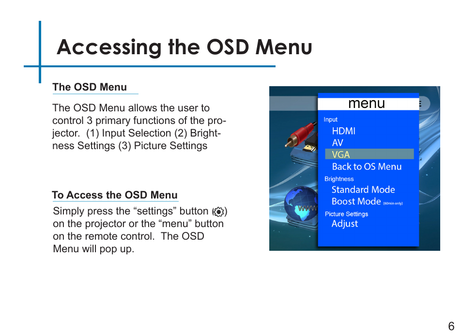 Accessing the osd menu | AAXA Technologies LED Android User Manual | Page 11 / 56