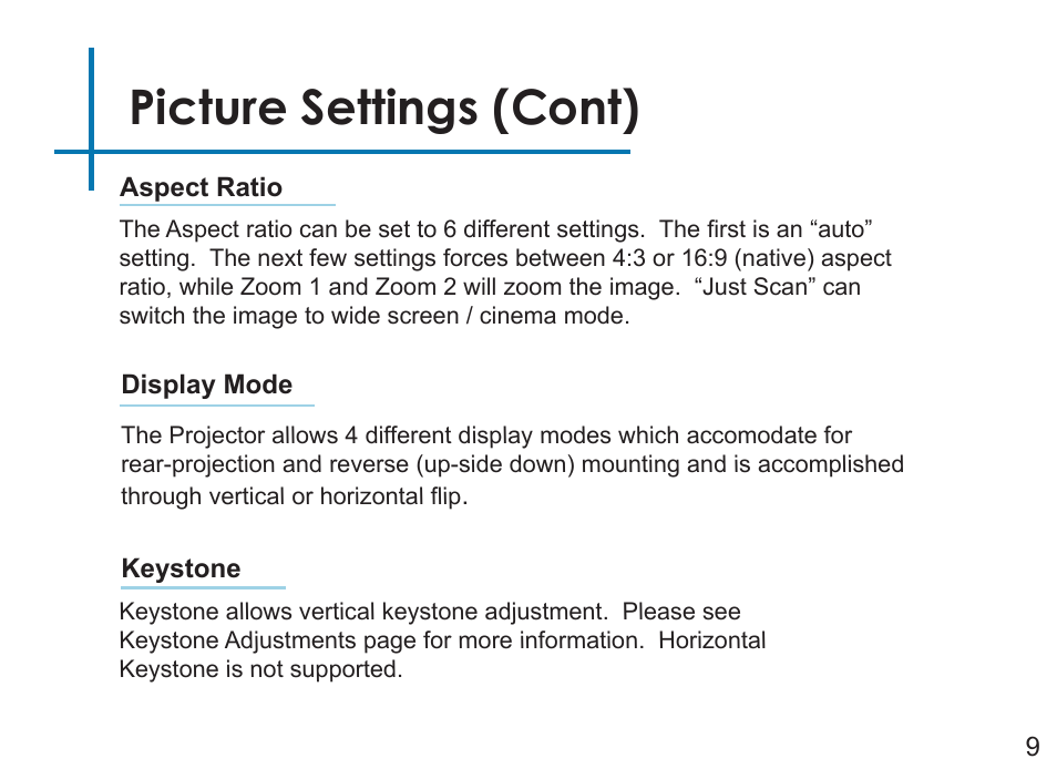 Picture settings (cont) | AAXA Technologies LED Android User Manual | Page 14 / 56