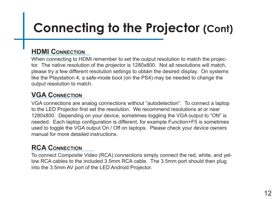 Connecting to the projector, Cont), 12 hdmi c | Vga c, Rca c | AAXA Technologies LED Android User Manual | Page 17 / 56