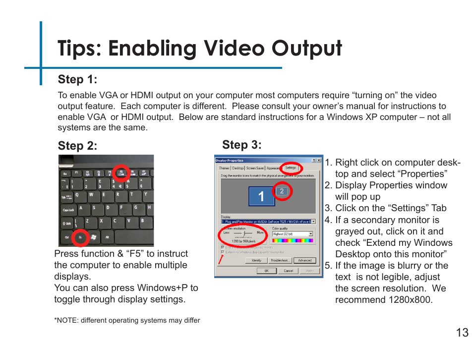 Tips: enabling video output, Step 1, Step 2 | Step 3: 13 | AAXA Technologies LED Android User Manual | Page 18 / 56