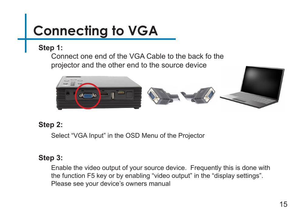 Connecting to vga | AAXA Technologies LED Android User Manual | Page 20 / 56