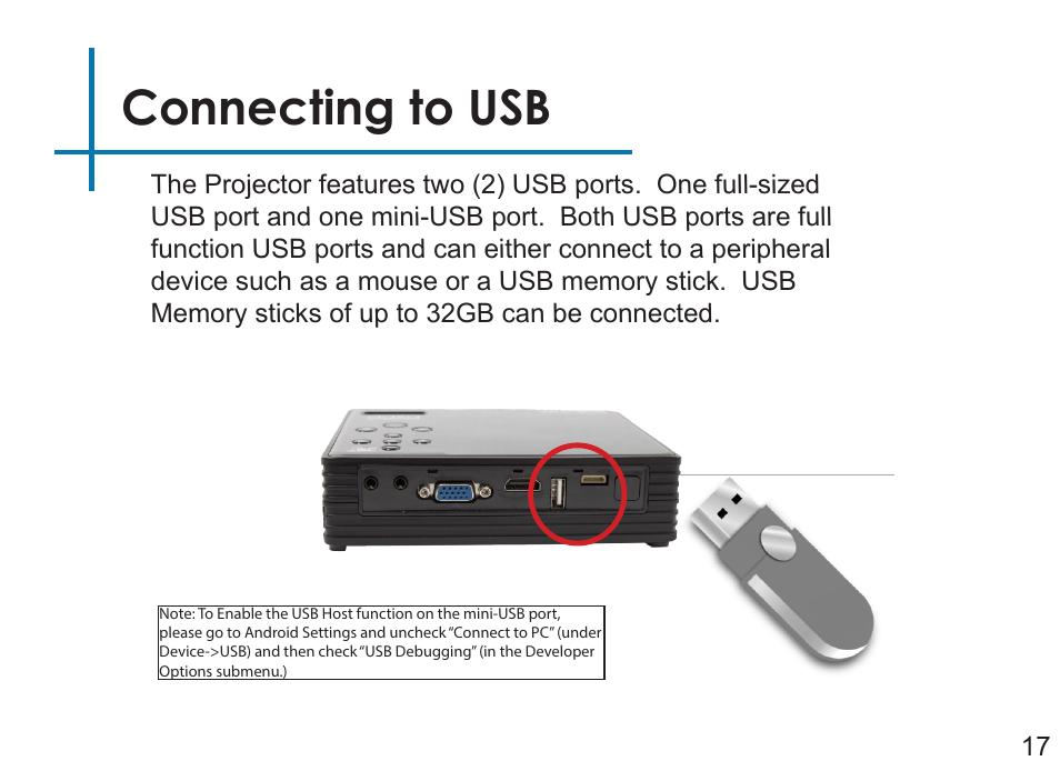 Connecting to usb | AAXA Technologies LED Android User Manual | Page 22 / 56