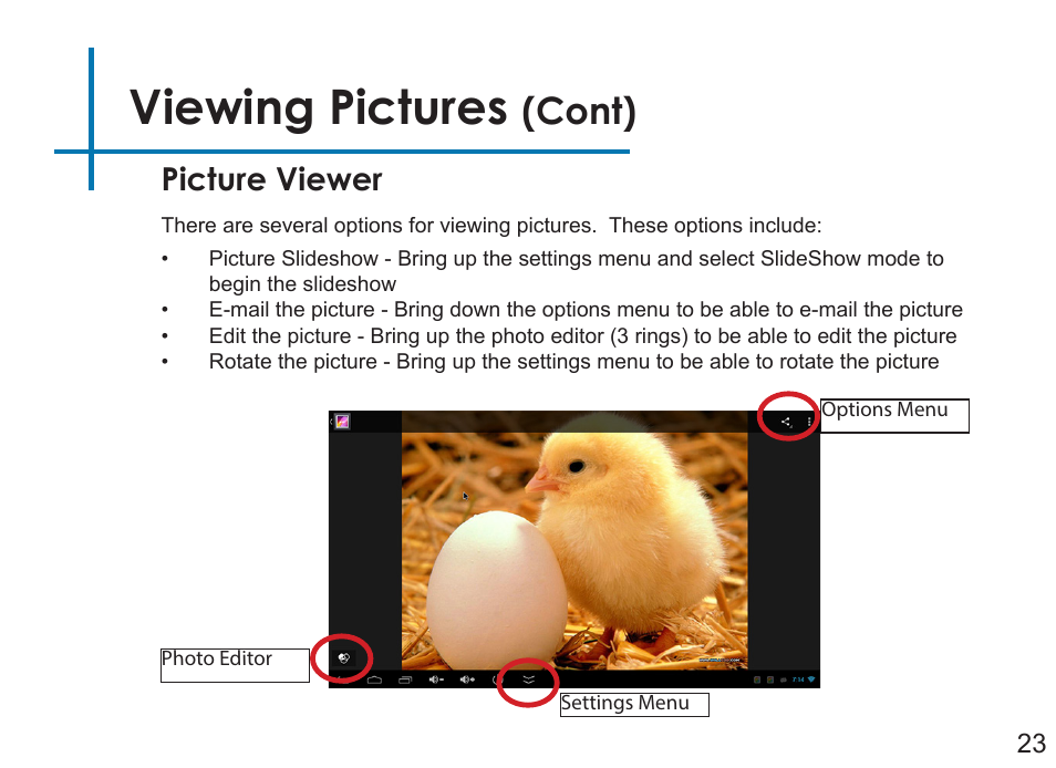 Viewing pictures, Cont), Picture viewer | AAXA Technologies LED Android User Manual | Page 28 / 56