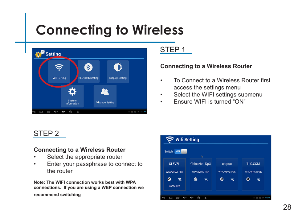 Connecting to wireless, Step 1 step 2 | AAXA Technologies LED Android User Manual | Page 33 / 56