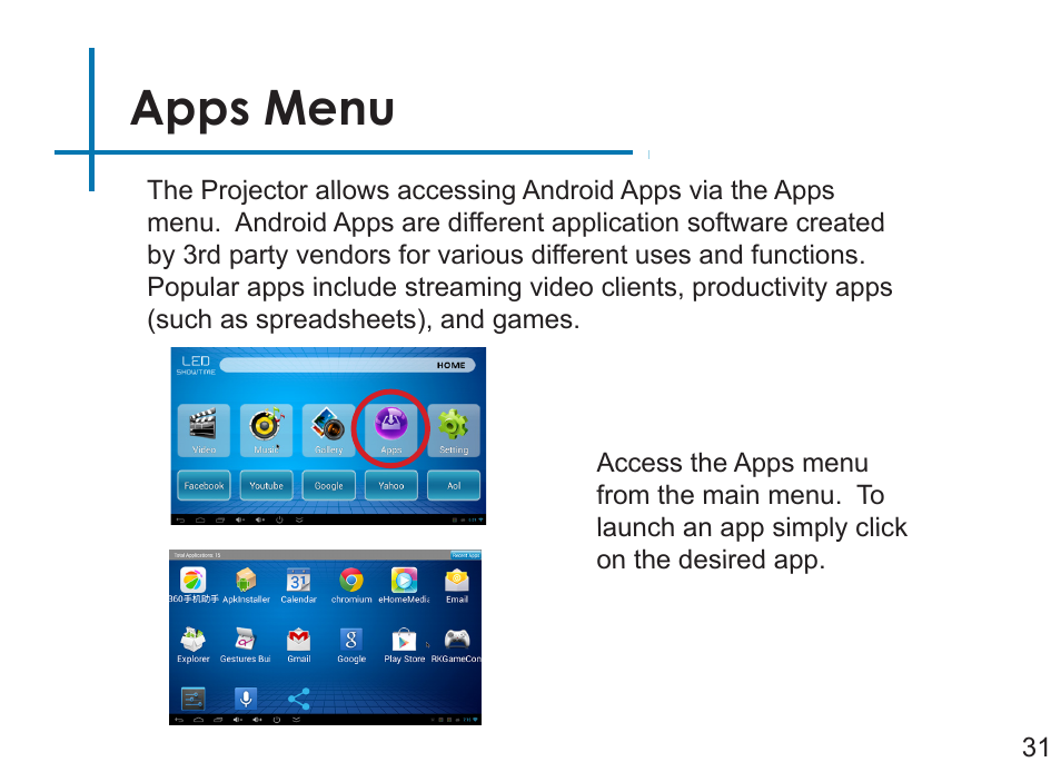 Apps menu | AAXA Technologies LED Android User Manual | Page 36 / 56