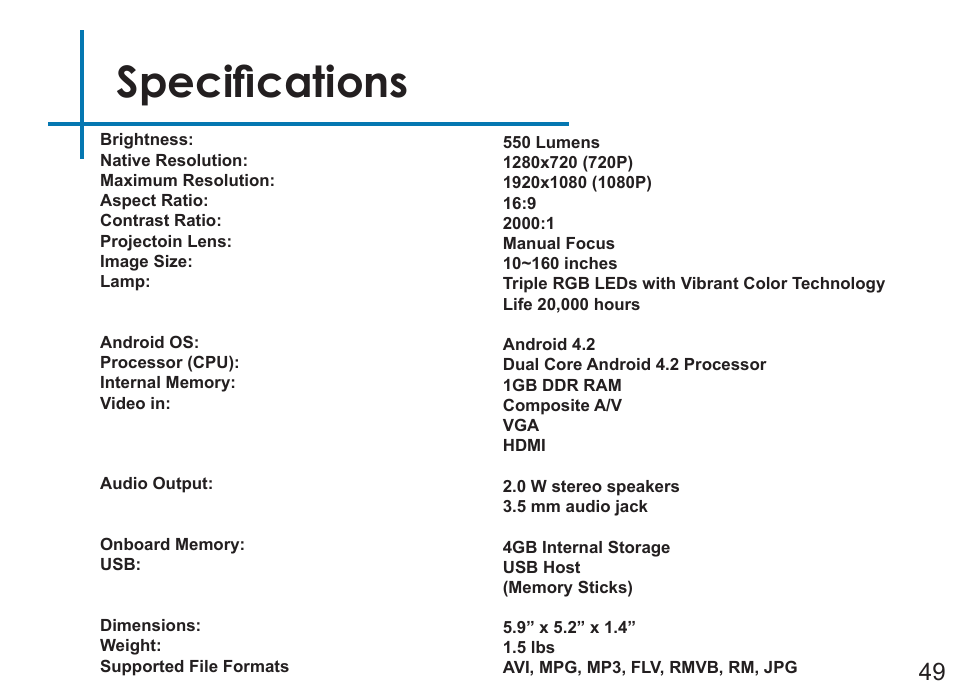 Specifications | AAXA Technologies LED Android User Manual | Page 54 / 56