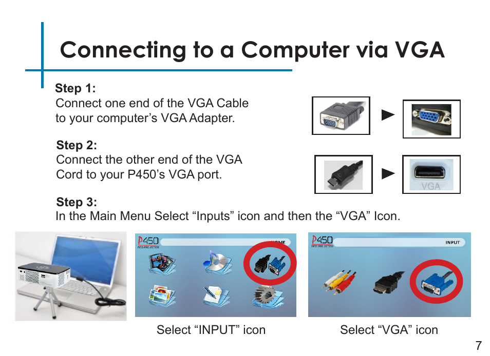 Connecting to a computer via vga | AAXA Technologies P450 User Manual | Page 10 / 46