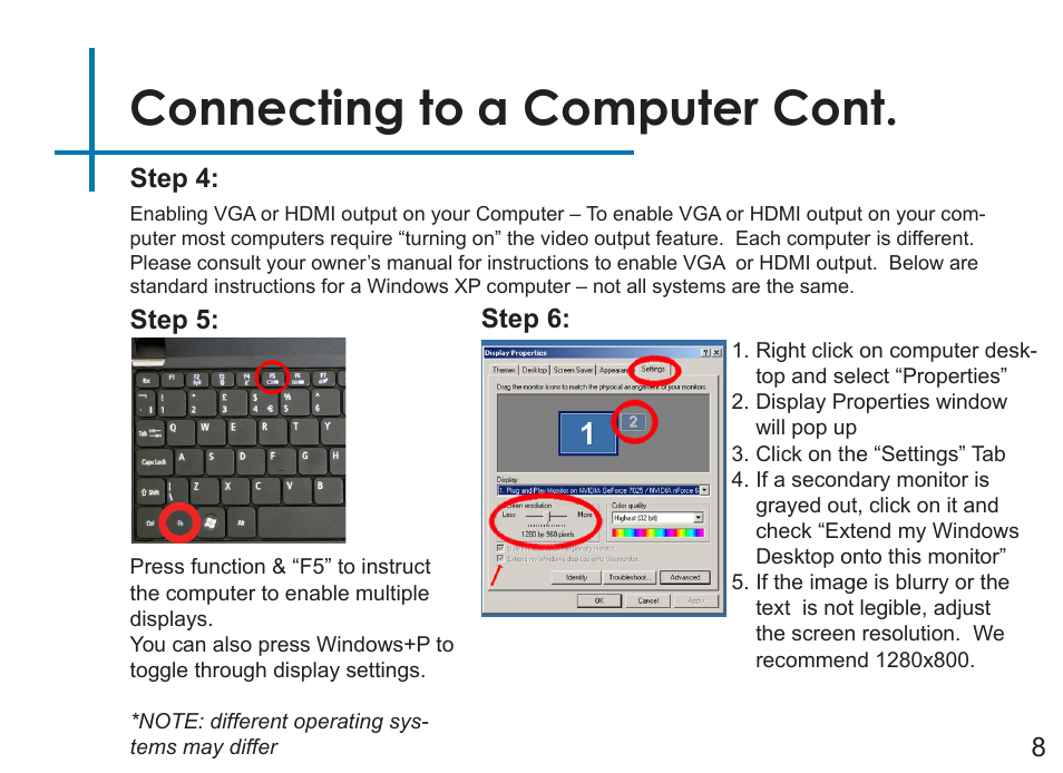 Connecting to a computer cont, Step 4, Step 5 | Step 6: 8 | AAXA Technologies P450 User Manual | Page 11 / 46