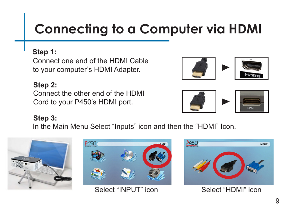 Connecting to a computer via hdmi | AAXA Technologies P450 User Manual | Page 12 / 46