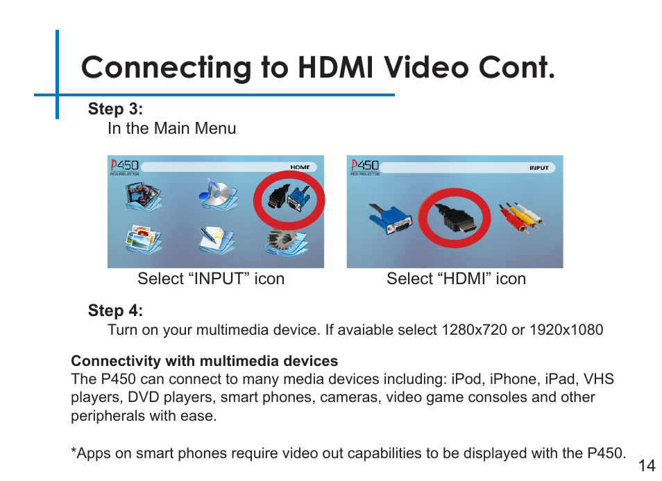 Connecting to hdmi video cont | AAXA Technologies P450 User Manual | Page 17 / 46