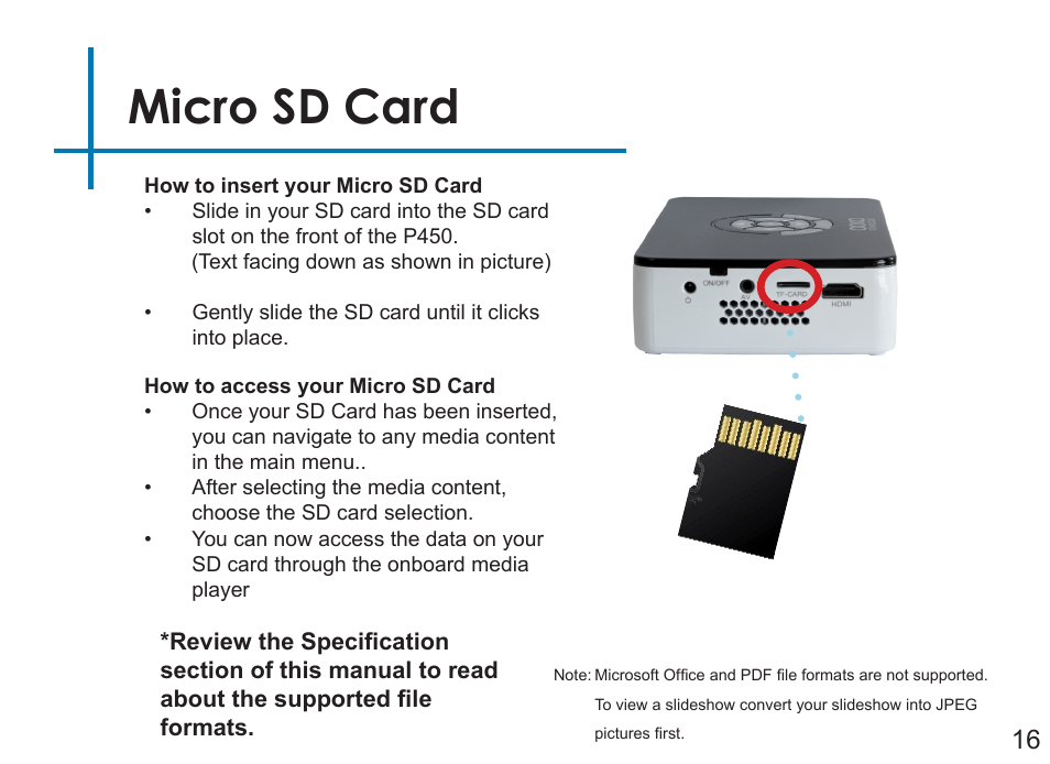 Micro sd card | AAXA Technologies P450 User Manual | Page 19 / 46