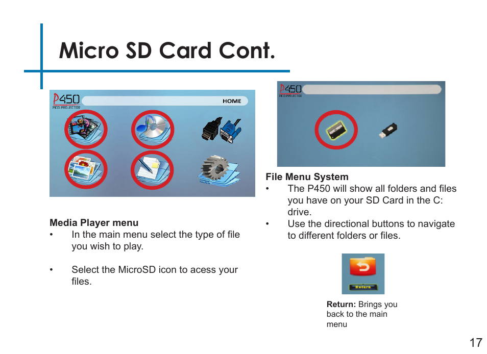 Micro sd card cont | AAXA Technologies P450 User Manual | Page 20 / 46