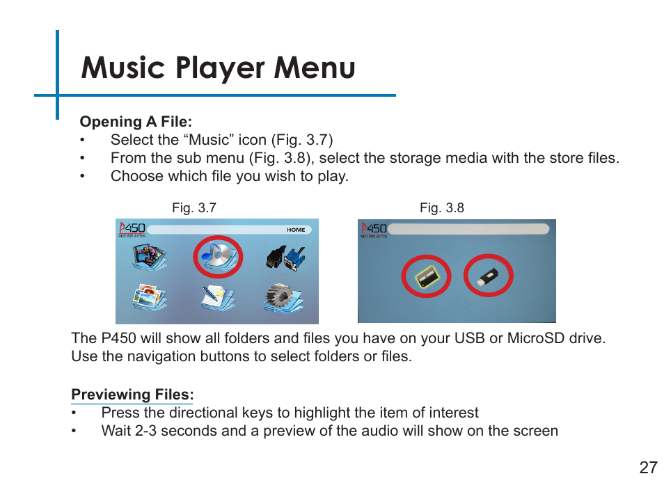 Music player menu | AAXA Technologies P450 User Manual | Page 30 / 46
