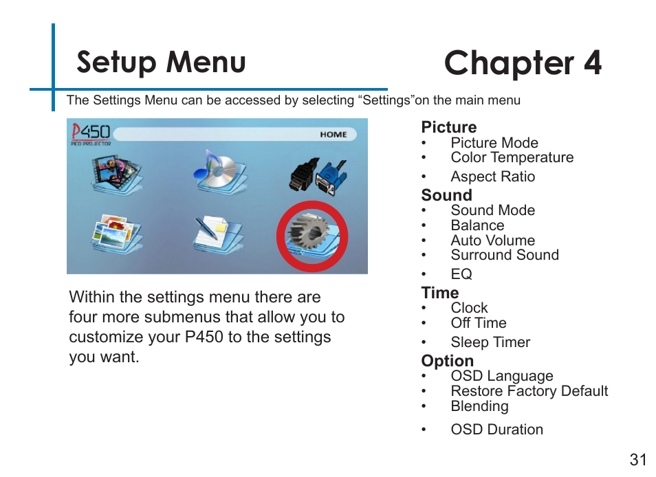Chapter 4, Setup menu | AAXA Technologies P450 User Manual | Page 34 / 46
