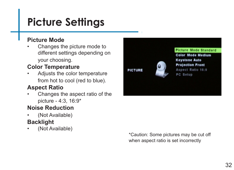 Picture settings | AAXA Technologies P450 User Manual | Page 35 / 46