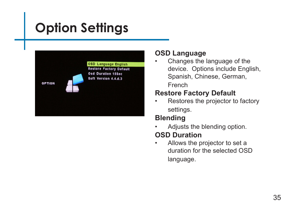 Option settings | AAXA Technologies P450 User Manual | Page 38 / 46