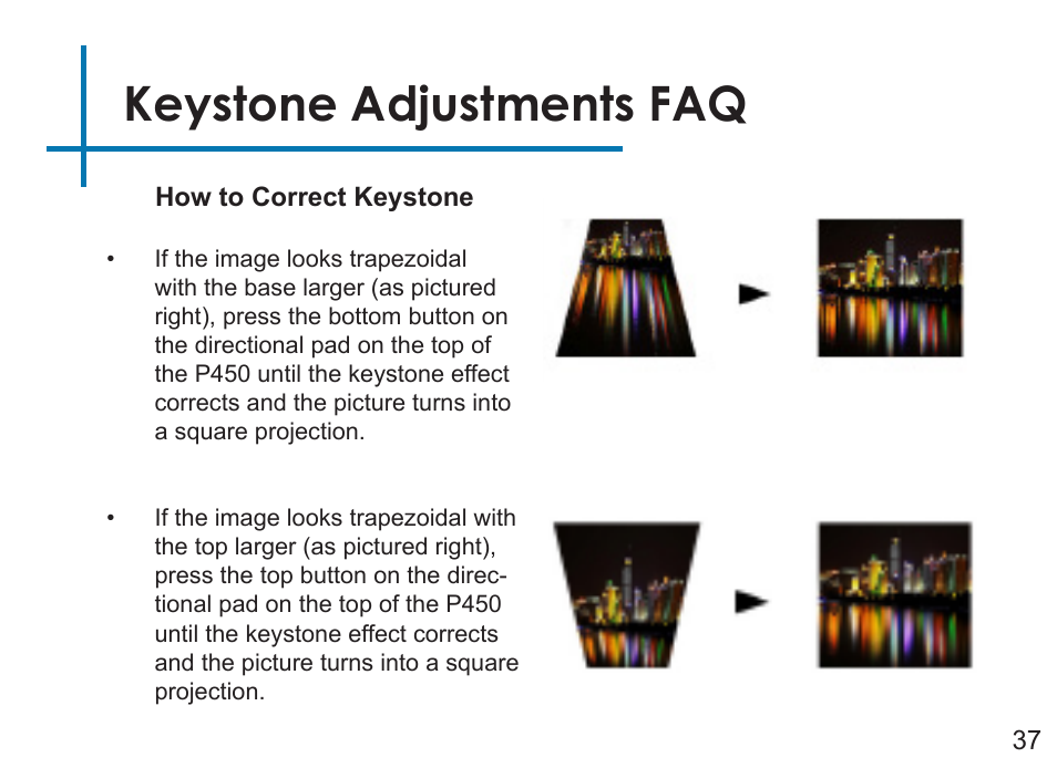 Keystone adjustments faq | AAXA Technologies P450 User Manual | Page 40 / 46