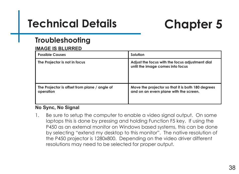 Chapter 5, Technical details, Troubleshooting | AAXA Technologies P450 User Manual | Page 41 / 46