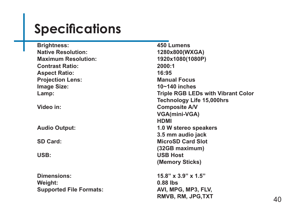 Specifications | AAXA Technologies P450 User Manual | Page 43 / 46