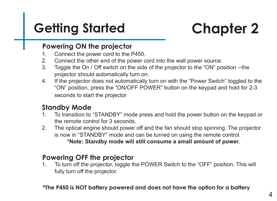 Chapter 2, Getting started | AAXA Technologies P450 User Manual | Page 7 / 46