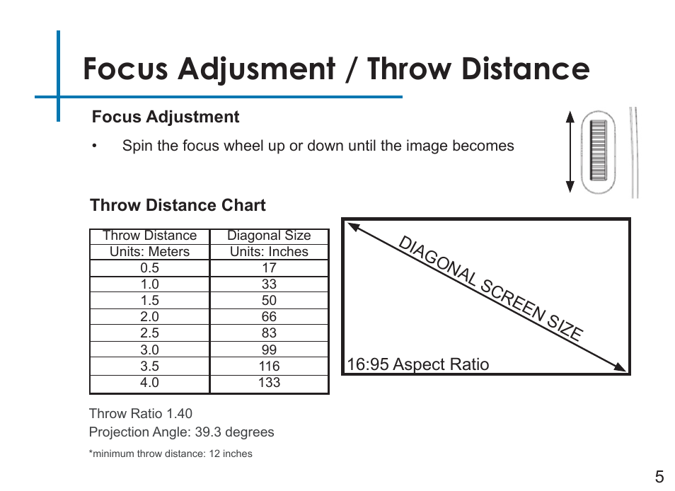 Focus adjusment / throw distance | AAXA Technologies P450 User Manual | Page 8 / 46