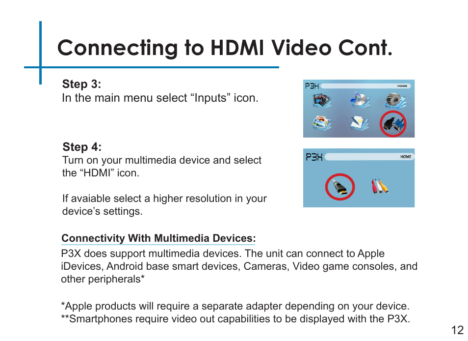 Connecting to hdmi video cont | AAXA Technologies P3X User Manual | Page 15 / 36