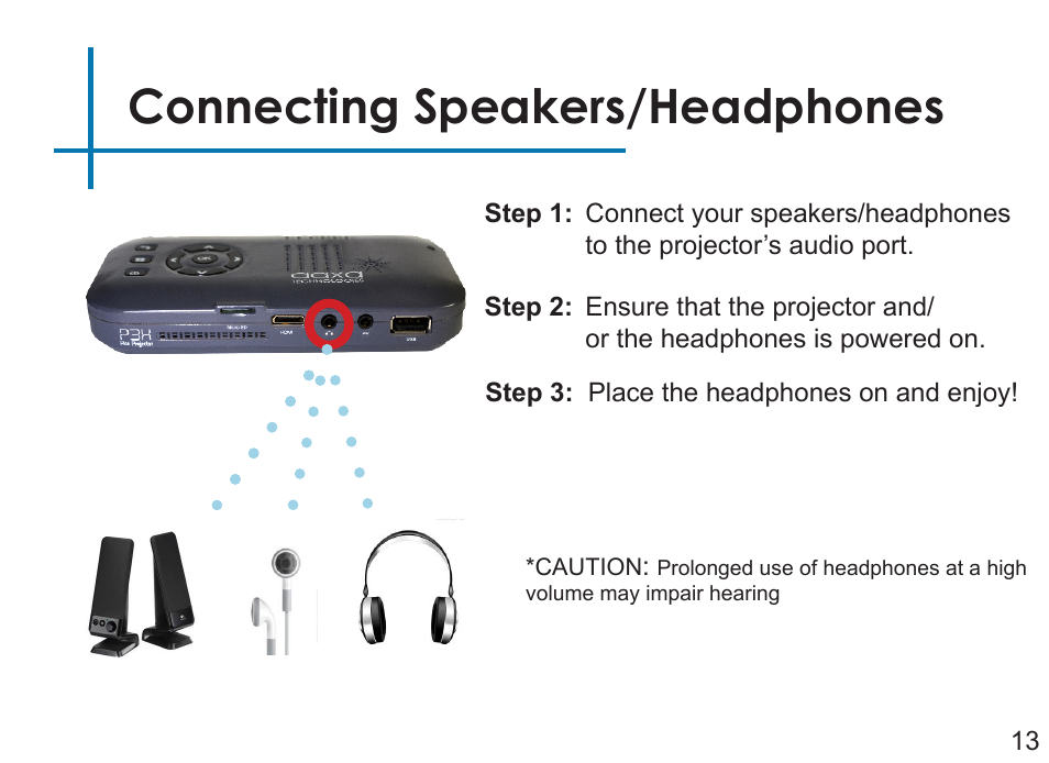 Connecting speakers/headphones | AAXA Technologies P3X User Manual | Page 16 / 36