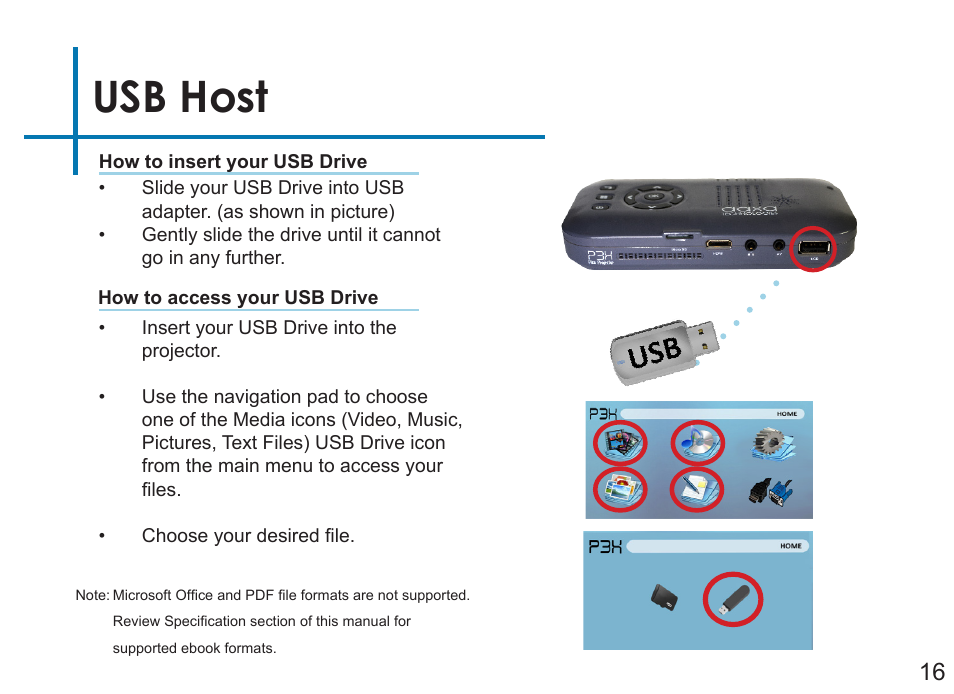 Usb host | AAXA Technologies P3X User Manual | Page 19 / 36
