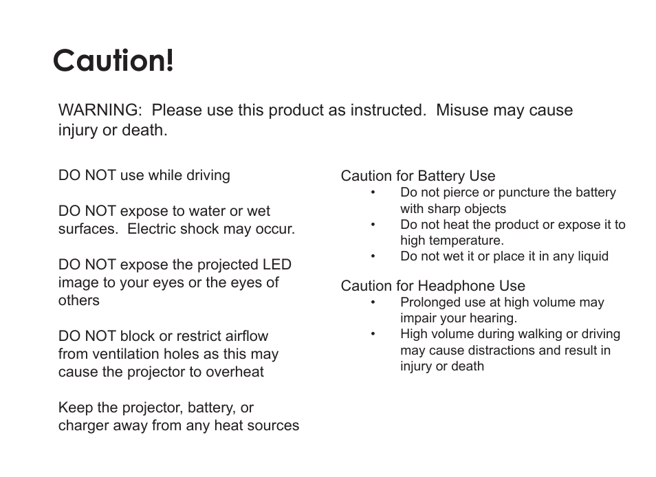 Caution | AAXA Technologies P3X User Manual | Page 2 / 36