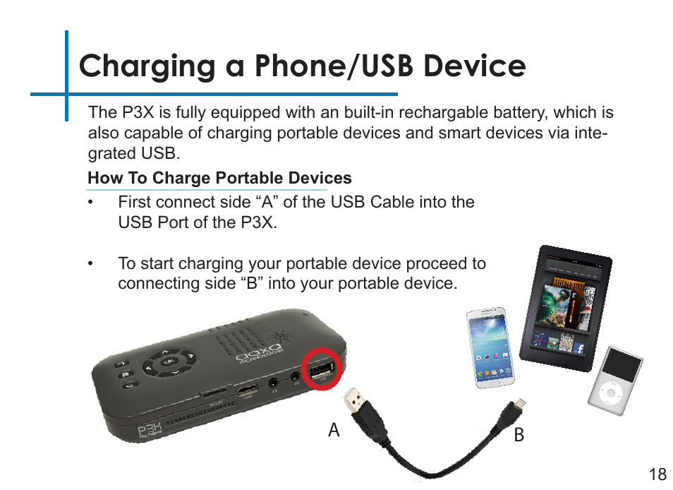 Charging a phone/usb device | AAXA Technologies P3X User Manual | Page 21 / 36