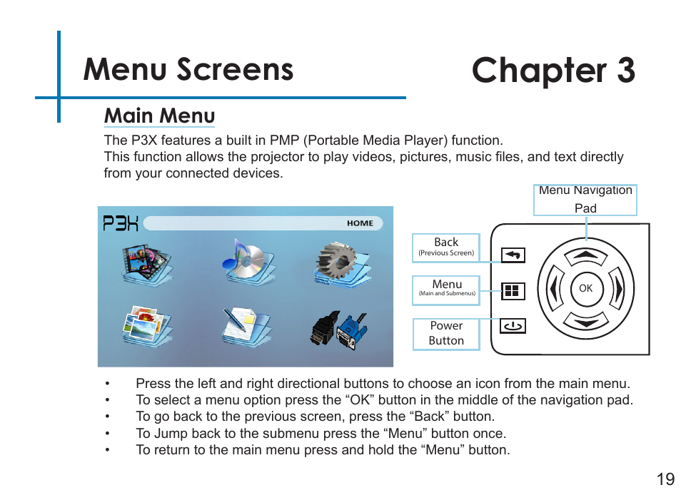 Chapter 3, Menu screens, Main menu | AAXA Technologies P3X User Manual | Page 22 / 36