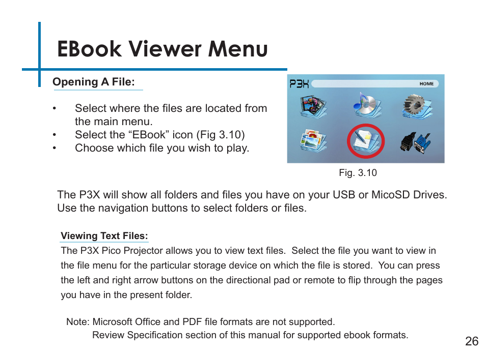 Ebook viewer menu | AAXA Technologies P3X User Manual | Page 29 / 36