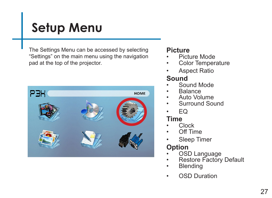 Setup menu | AAXA Technologies P3X User Manual | Page 30 / 36