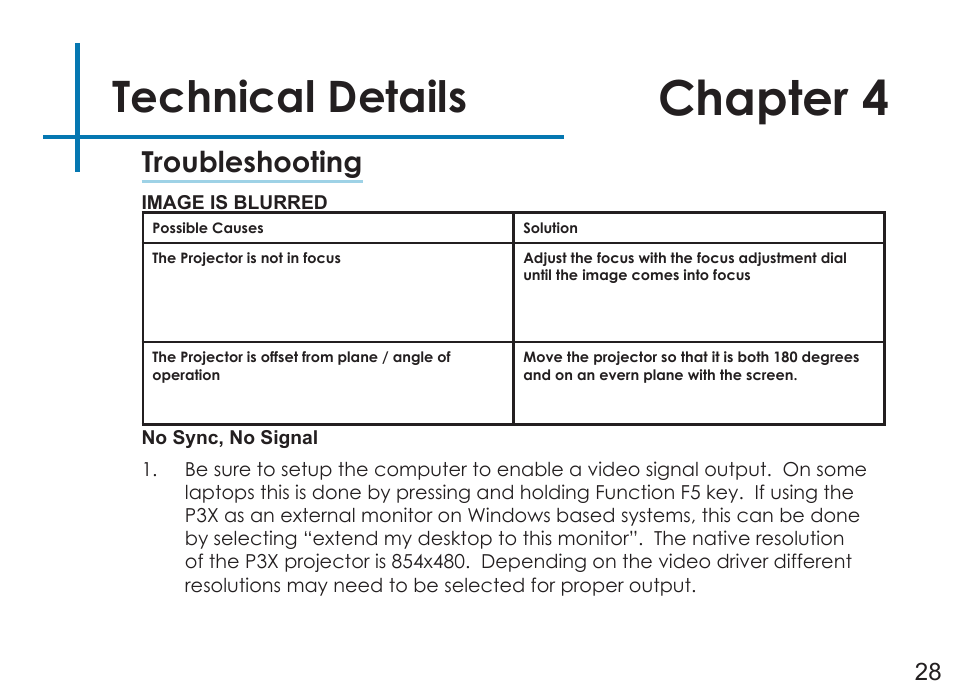 Chapter 4, Technical details, Troubleshooting | AAXA Technologies P3X User Manual | Page 31 / 36