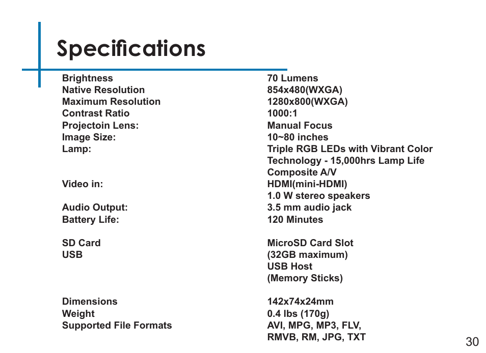 Specifications | AAXA Technologies P3X User Manual | Page 33 / 36
